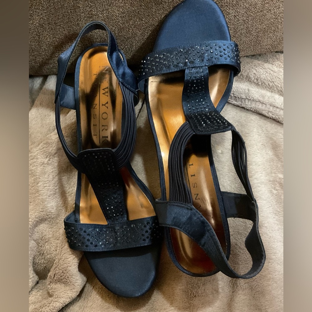 New York Transit: midnight/navy blue 9 1/2 M. Satin t-strap baby wedges heels.